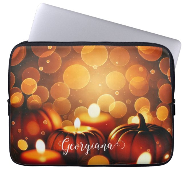 Custom Name Glowing Pumpkins Autumnal Bokeh Effect Laptop Sleeve (Front)
