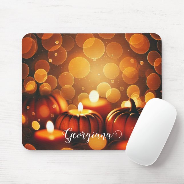 Custom Name Glowing Pumpkins Autumnal Bokeh Effect Mouse Mat (With Mouse)