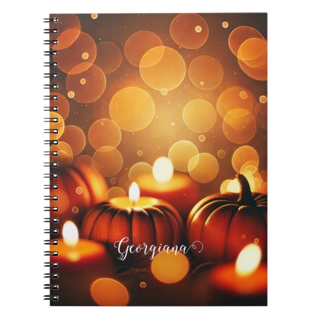 Custom Name Glowing Pumpkins Autumnal Bokeh Effect Notebook (Front)