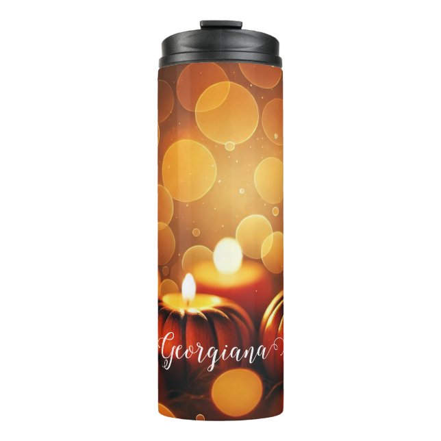 Custom Name Glowing Pumpkins Autumnal Bokeh Effect Thermal Tumbler (Front)