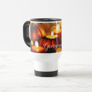 Custom Name Glowing Pumpkins Autumnal Bokeh Effect Travel Mug
