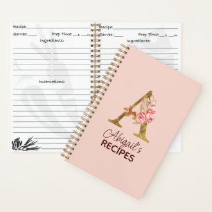Custom Name Gold Blush Pink Roses Letter A Recipe Notebook