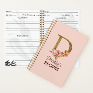 Custom Name Gold Blush Pink Roses Letter D Recipe Notebook