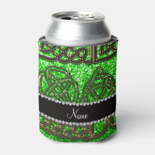 Custom name gold celtic lime green glitter can cooler