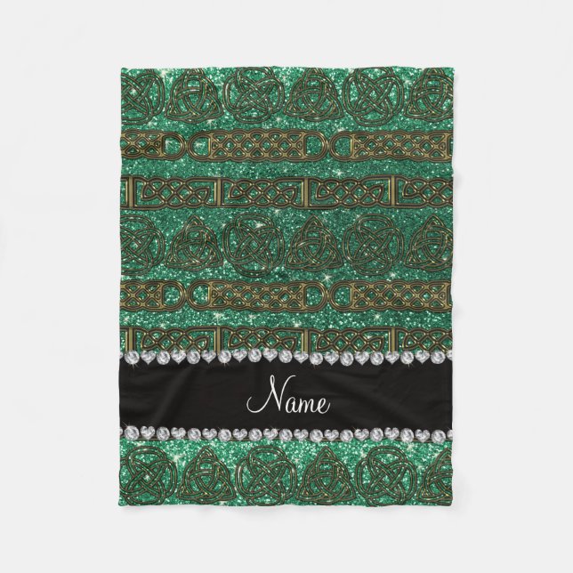 Custom name gold celtic mint green glitter fleece blanket (Front)