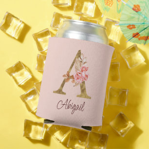 Custom Name Gold Foil Blush Pink Roses Letter A Can Cooler