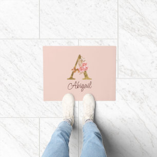 Custom Name Gold Foil Blush Pink Roses Letter A Doormat