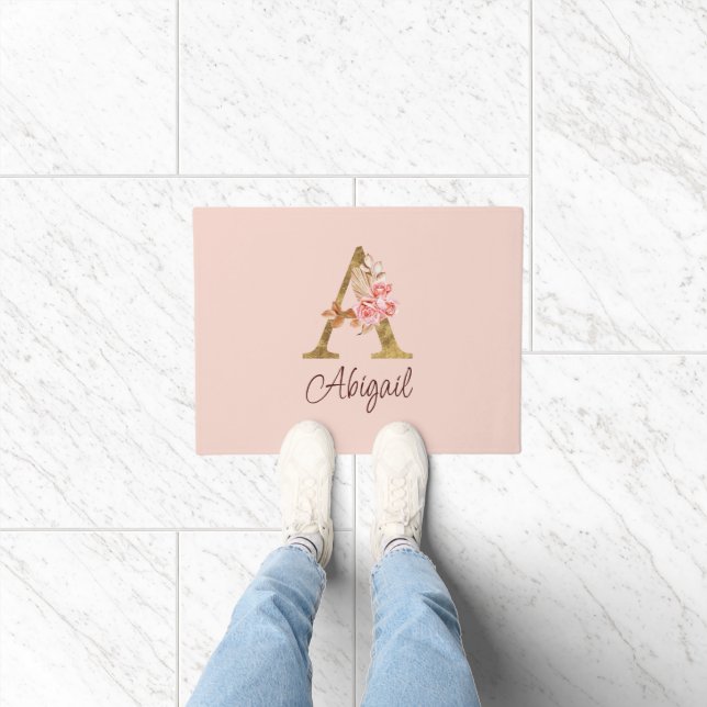 Custom Name Gold Foil Blush Pink Roses Letter A Doormat (Indoor)