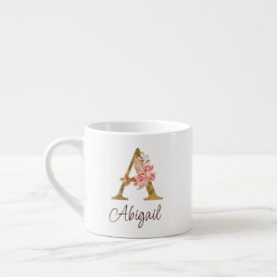 Custom Name Gold Foil Blush Pink Roses Letter A Espresso Cup