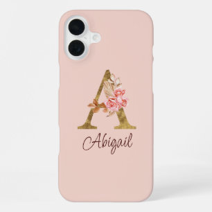 Custom Name Gold Foil Blush Pink Roses Letter A iPhone 16 Plus Case