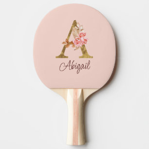 Custom Name Gold Foil Blush Pink Roses Letter A Ping Pong Paddle