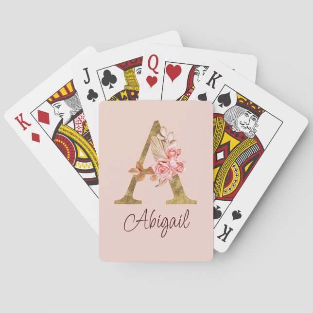 Custom Name Gold Foil Blush Pink Roses Letter A Playing Cards (Back)