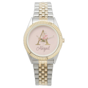 Custom Name Gold Foil Blush Pink Roses Letter A Watch