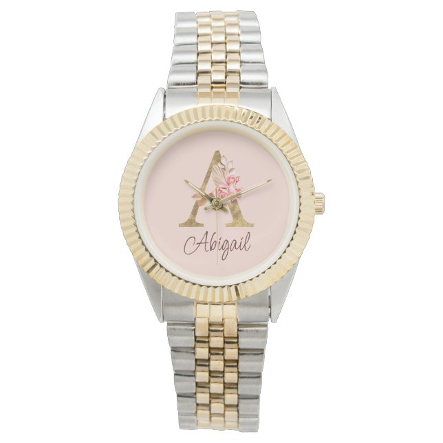 Custom Name Gold Foil Blush Pink Roses Letter A Watch (Front)