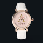Custom Name Gold Foil Blush Pink Roses Letter A Watch<br><div class="desc">Custom Name Gold Foil Blush Pink Roses Letter A design features a stylish floral monogram with elegant shimmer—perfect for feminine themes,  romantic occasions,  and personalised name customisation. Click 'Personalise' to customise with your name or a loved one’s.</div>