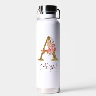 Custom Name Gold Foil Blush Pink Roses Letter A Water Bottle
