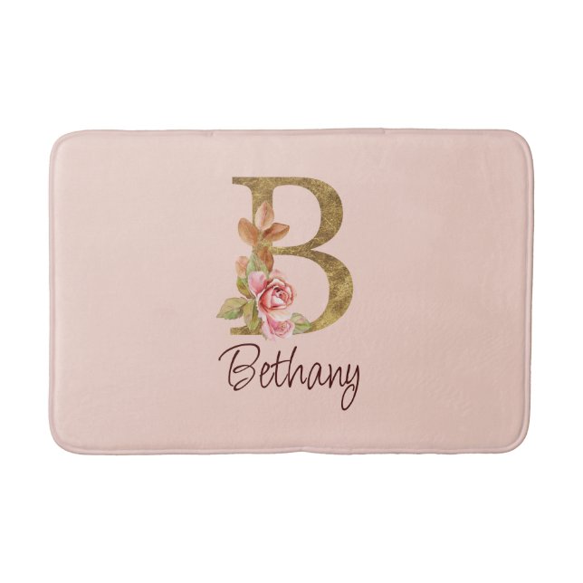 Custom Name Gold Foil Blush Pink Roses Letter B Bath Mat (Front)