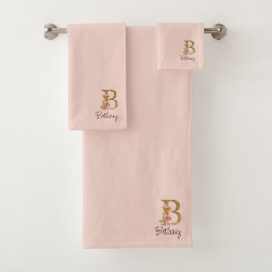 Custom Name Gold Foil Blush Pink Roses Letter B Bath Towel Set