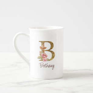 Custom Name Gold Foil Blush Pink Roses Letter B Bone China Mug