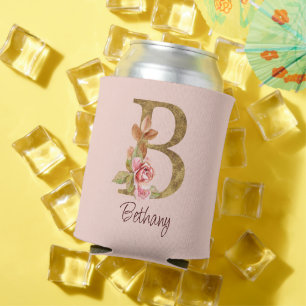 Custom Name Gold Foil Blush Pink Roses Letter B Can Cooler