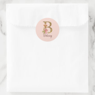Custom Name Gold Foil Blush Pink Roses Letter B Classic Round Sticker