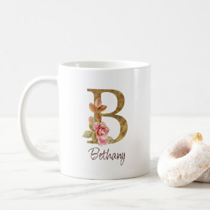 Custom Name Gold Foil Blush Pink Roses Letter B Coffee Mug