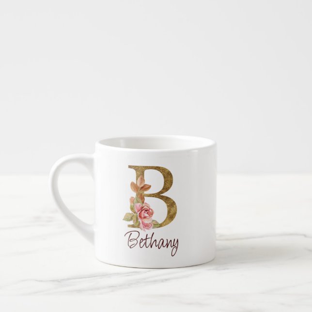 Custom Name Gold Foil Blush Pink Roses Letter B Espresso Cup (Left)