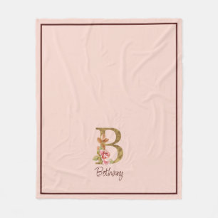Custom Name Gold Foil Blush Pink Roses Letter B Fleece Blanket