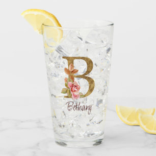 Custom Name Gold Foil Blush Pink Roses Letter B Glass