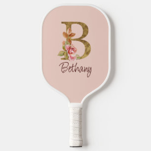 Custom Name Gold Foil Blush Pink Roses Letter B Pickleball Paddle