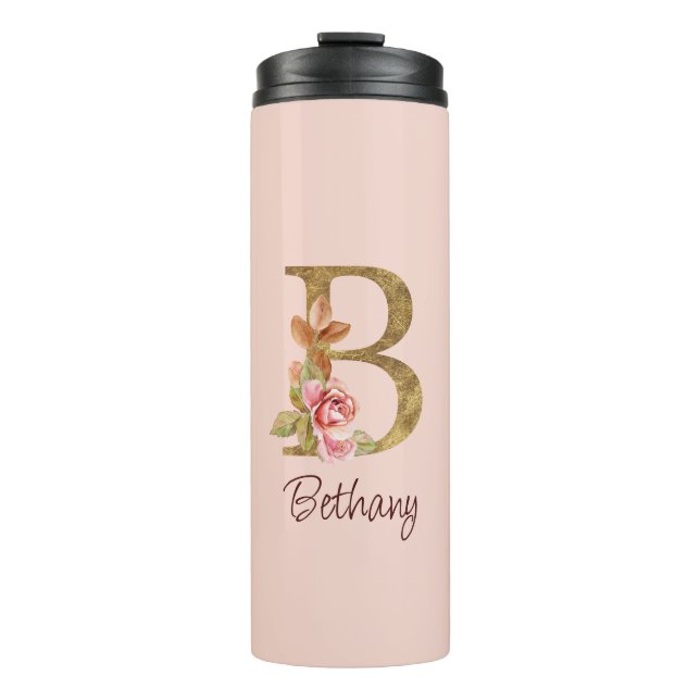 Custom Name Gold Foil Blush Pink Roses Letter B Thermal Tumbler (Front)