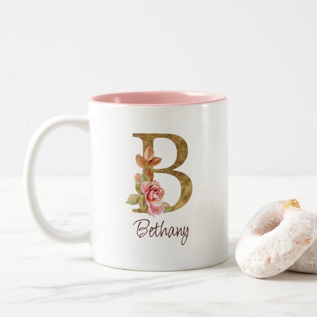 Custom Name Gold Foil Blush Pink Roses Letter B Two-Tone Coffee Mug (With Donut)