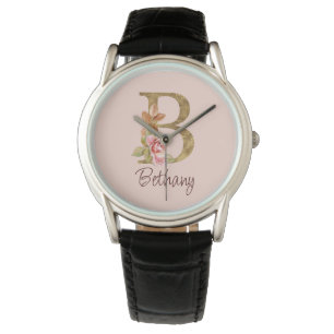 Custom Name Gold Foil Blush Pink Roses Letter B Watch