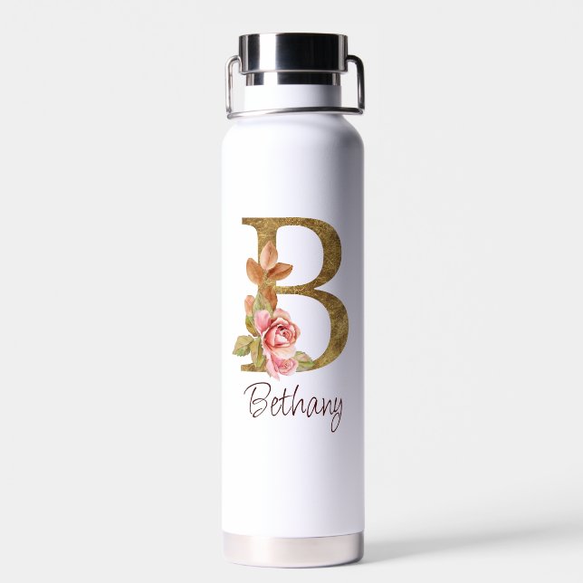 Custom Name Gold Foil Blush Pink Roses Letter B Water Bottle (Back)