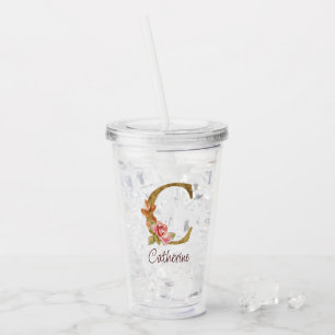 Custom Name Gold Foil Blush Pink Roses Letter C Acrylic Tumbler
