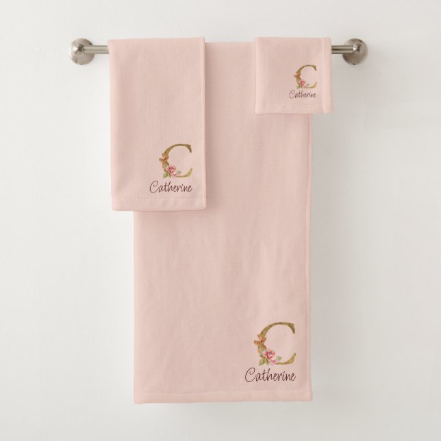 Custom Name Gold Foil Blush Pink Roses Letter C Bath Towel Set (Insitu)