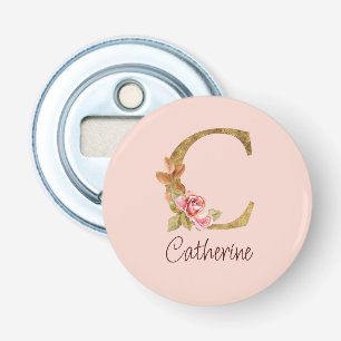 Custom Name Gold Foil Blush Pink Roses Letter C Bottle Opener