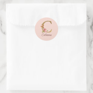 Custom Name Gold Foil Blush Pink Roses Letter C Classic Round Sticker