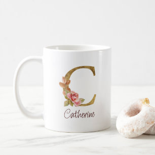 Custom Name Gold Foil Blush Pink Roses Letter C Coffee Mug