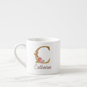 Custom Name Gold Foil Blush Pink Roses Letter C Espresso Cup
