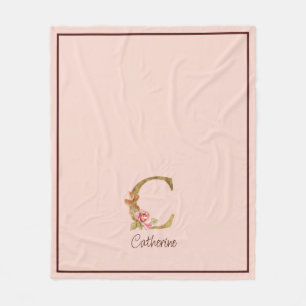 Custom Name Gold Foil Blush Pink Roses Letter C Fleece Blanket