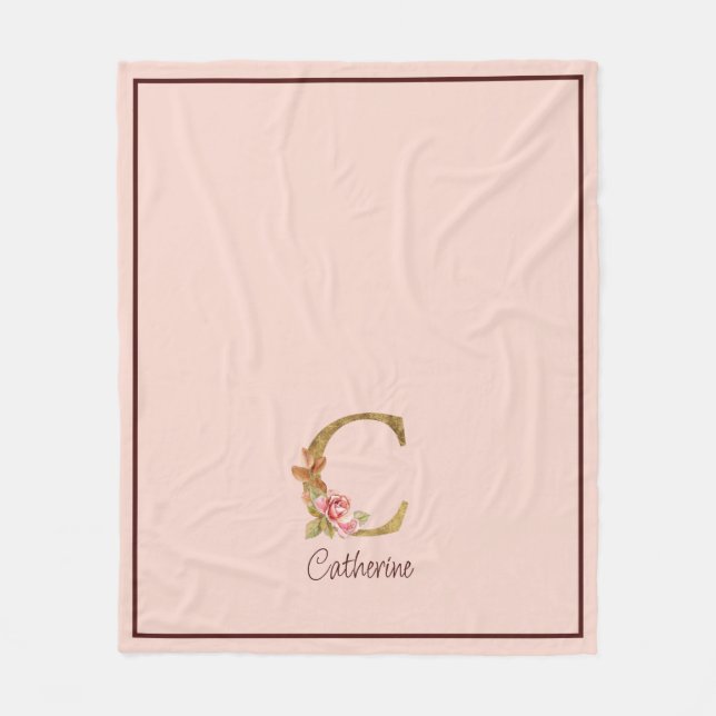 Custom Name Gold Foil Blush Pink Roses Letter C Fleece Blanket (Front)
