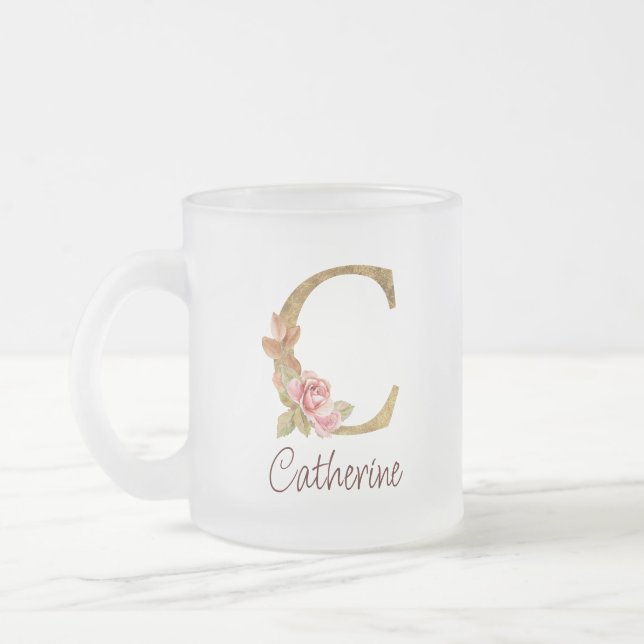 Custom Name Gold Foil Blush Pink Roses Letter C Frosted Glass Coffee Mug (Left)