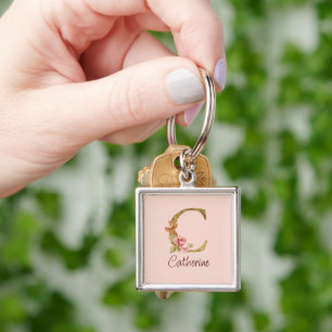 Custom Name Gold Foil Blush Pink Roses Letter C Key Ring