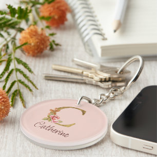 Custom Name Gold Foil Blush Pink Roses Letter C Key Ring