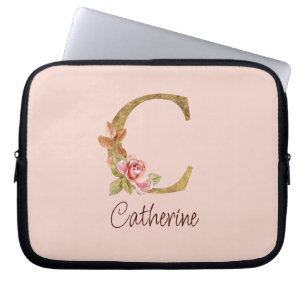 Custom Name Gold Foil Blush Pink Roses Letter C Laptop Sleeve