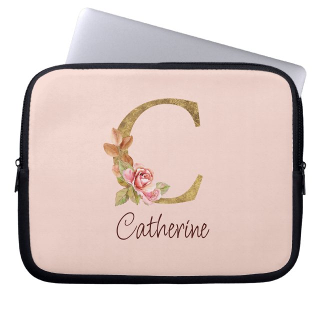 Custom Name Gold Foil Blush Pink Roses Letter C Laptop Sleeve (Front)