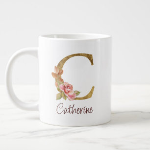 Custom Name Gold Foil Blush Pink Roses Letter C Large Coffee Mug