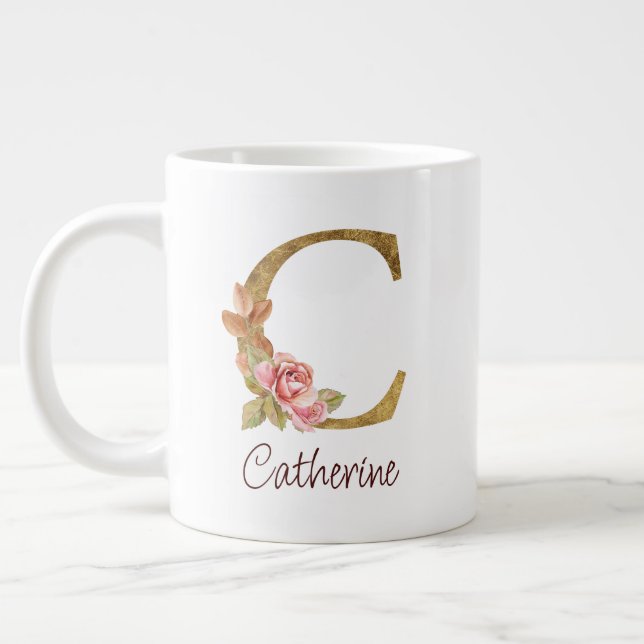 Custom Name Gold Foil Blush Pink Roses Letter C Large Coffee Mug (Left)