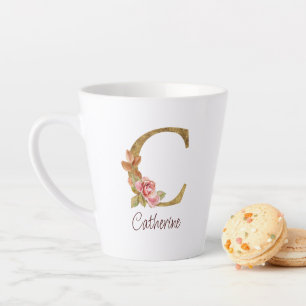 Custom Name Gold Foil Blush Pink Roses Letter C Latte Mug